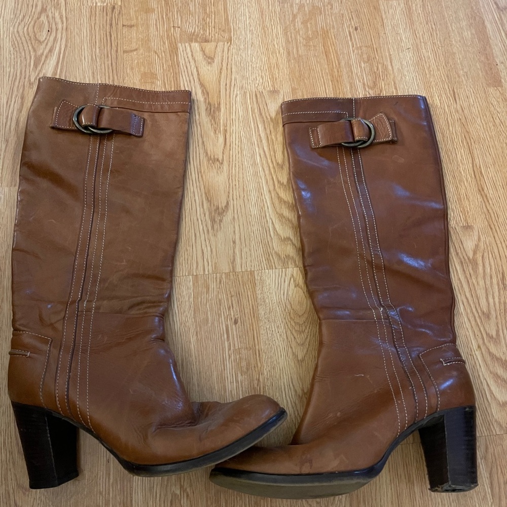 Kenneth Cole High Heeled Pull On Boots. Brass Buckle’s. Size 7.  Used